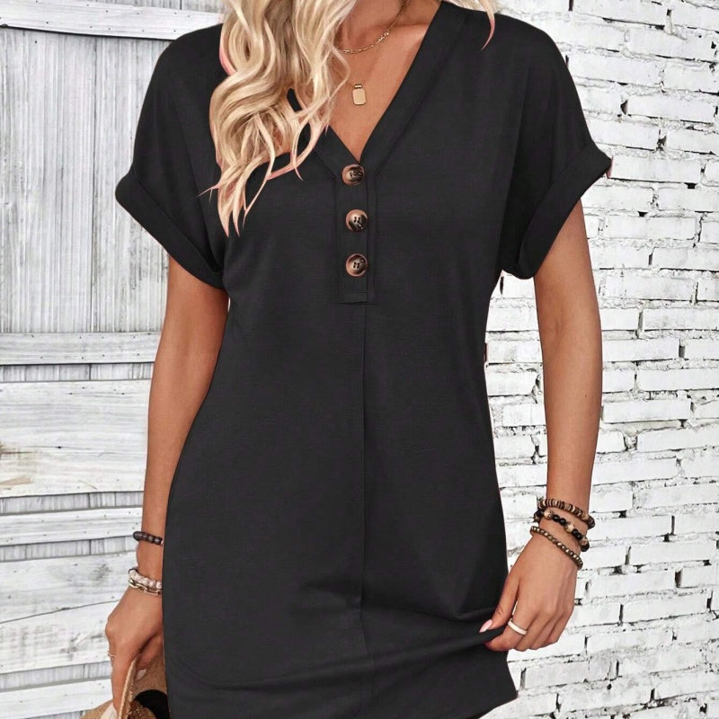 👗✨50 % de réduction🔥✨Robe Femme à Col en V & Manches Roulées – Coupe Intemporelle, Boutons & Tissu Doux