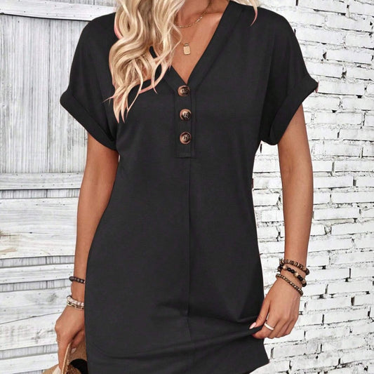 👗✨50 % de réduction🔥✨Robe Femme à Col en V & Manches Roulées – Coupe Intemporelle, Boutons & Tissu Doux