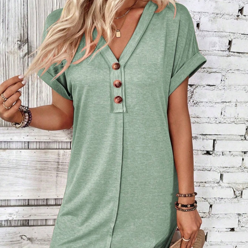 👗✨50 % de réduction🔥✨Robe Femme à Col en V & Manches Roulées – Coupe Intemporelle, Boutons & Tissu Doux