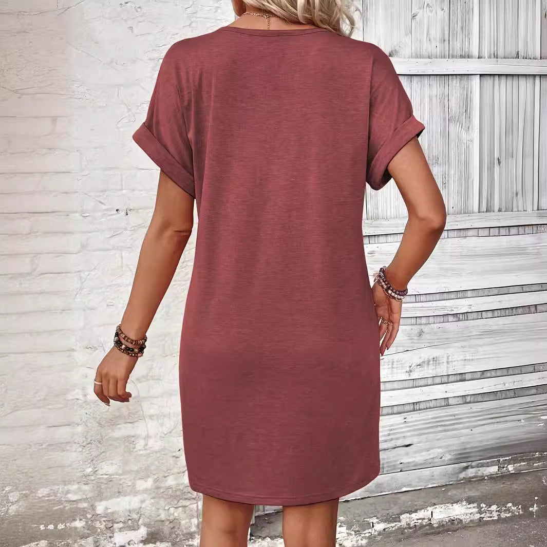 👗✨50 % de réduction🔥✨Robe Femme à Col en V & Manches Roulées – Coupe Intemporelle, Boutons & Tissu Doux