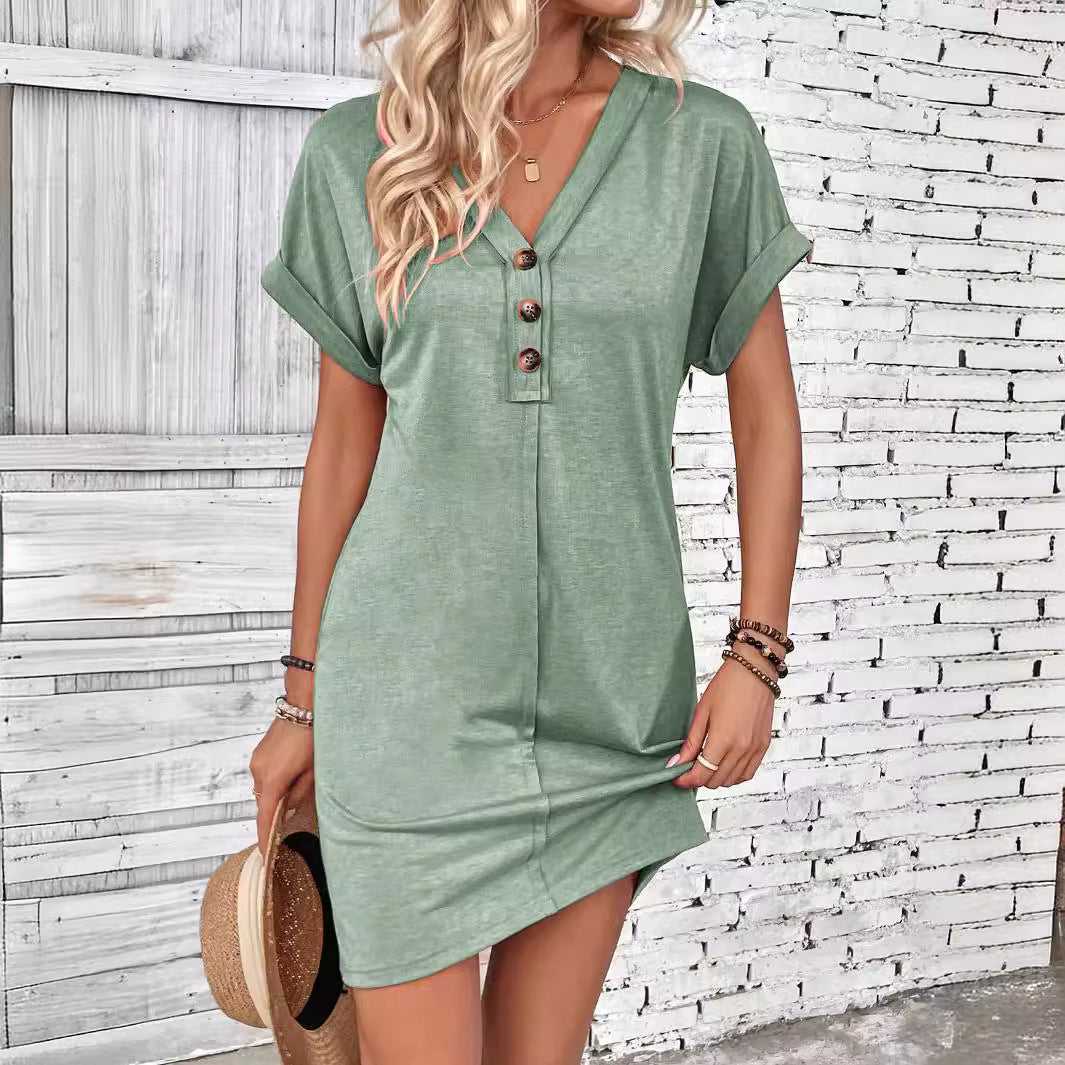 👗✨50 % de réduction🔥✨Robe Femme à Col en V & Manches Roulées – Coupe Intemporelle, Boutons & Tissu Doux