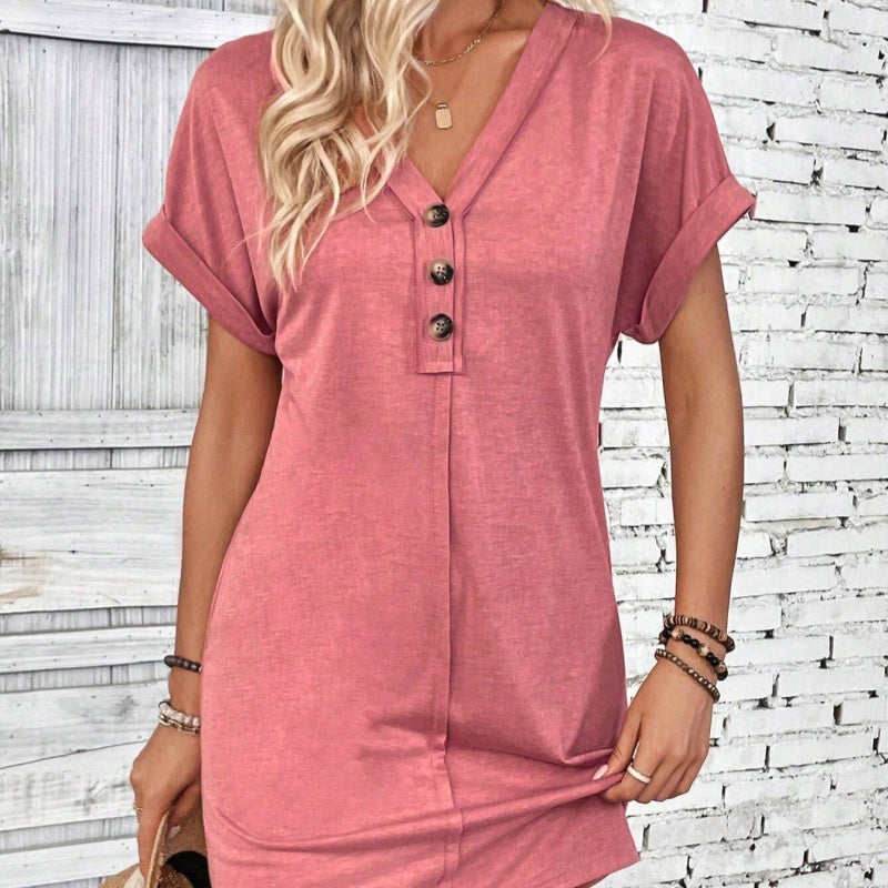 👗✨50 % de réduction🔥✨Robe Femme à Col en V & Manches Roulées – Coupe Intemporelle, Boutons & Tissu Doux