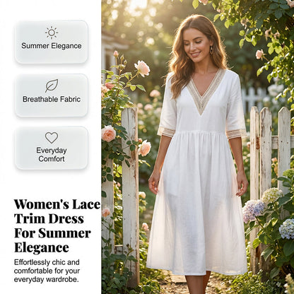 Robe mi-longue à col en V et bordure en dentelle pour femme❤️ACHETEZ-EN 2 ET BÉNÉFICIEZ DE LA LIVRAISON GRATUITE