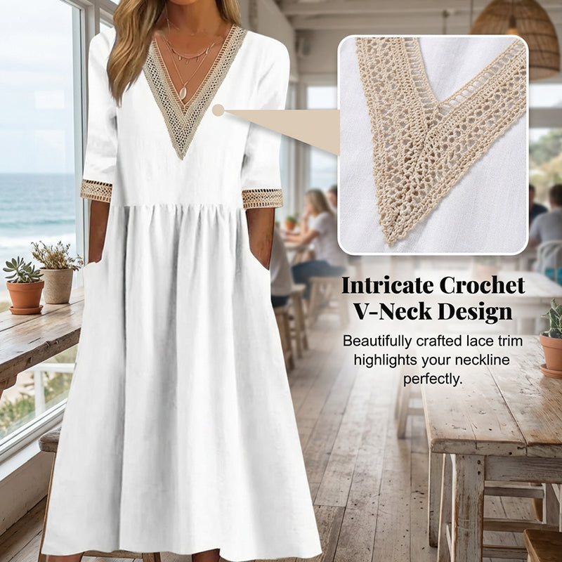 Robe mi-longue à col en V et bordure en dentelle pour femme❤️ACHETEZ-EN 2 ET BÉNÉFICIEZ DE LA LIVRAISON GRATUITE