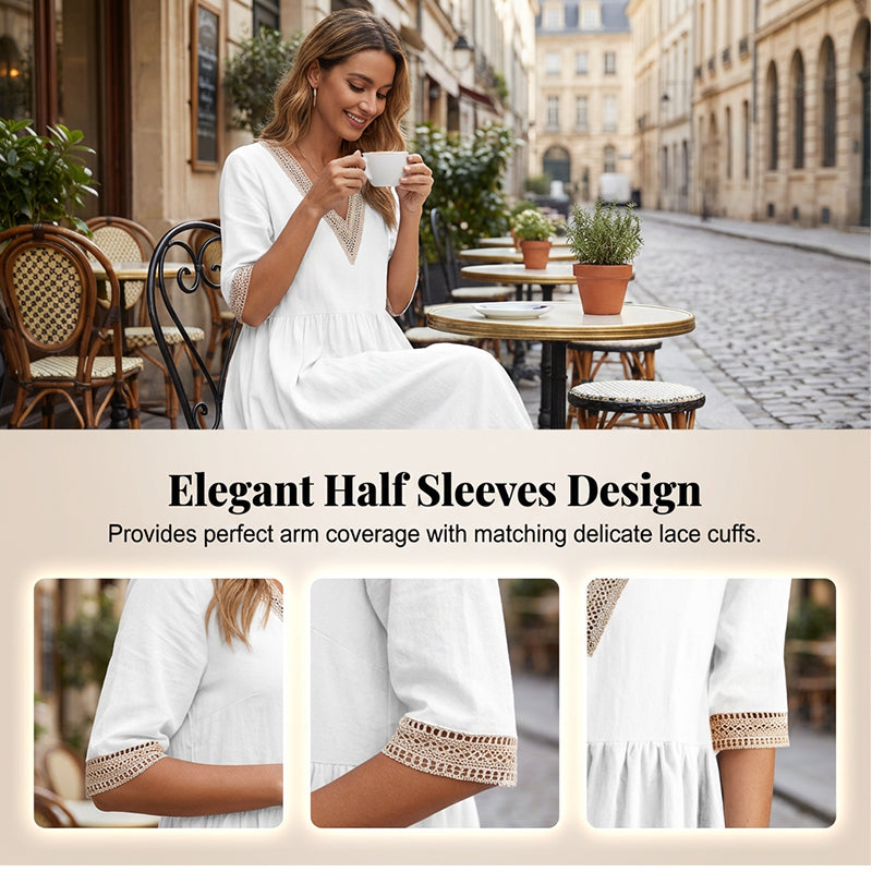 Robe mi-longue à col en V et bordure en dentelle pour femme❤️ACHETEZ-EN 2 ET BÉNÉFICIEZ DE LA LIVRAISON GRATUITE