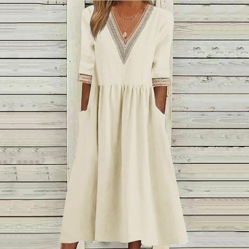 Robe mi-longue à col en V et bordure en dentelle pour femme❤️ACHETEZ-EN 2 ET BÉNÉFICIEZ DE LA LIVRAISON GRATUITE