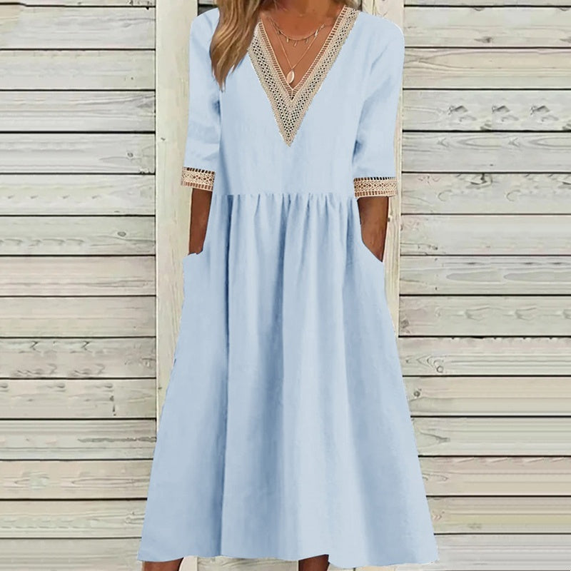 Robe mi-longue à col en V et bordure en dentelle pour femme❤️ACHETEZ-EN 2 ET BÉNÉFICIEZ DE LA LIVRAISON GRATUITE