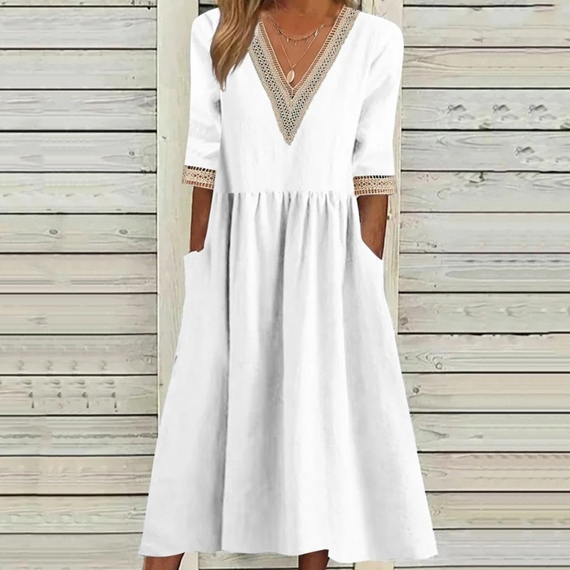 Robe mi-longue à col en V et bordure en dentelle pour femme❤️ACHETEZ-EN 2 ET BÉNÉFICIEZ DE LA LIVRAISON GRATUITE