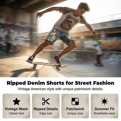 🔥 Short en jean déchiré pour homme – Motif patchwork pour un look urbain tendance 👖✨