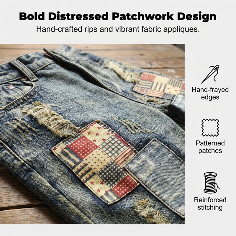 🔥 Short en jean déchiré pour homme – Motif patchwork pour un look urbain tendance 👖✨
