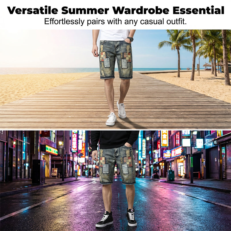 🔥 Short en jean déchiré pour homme – Motif patchwork pour un look urbain tendance 👖✨