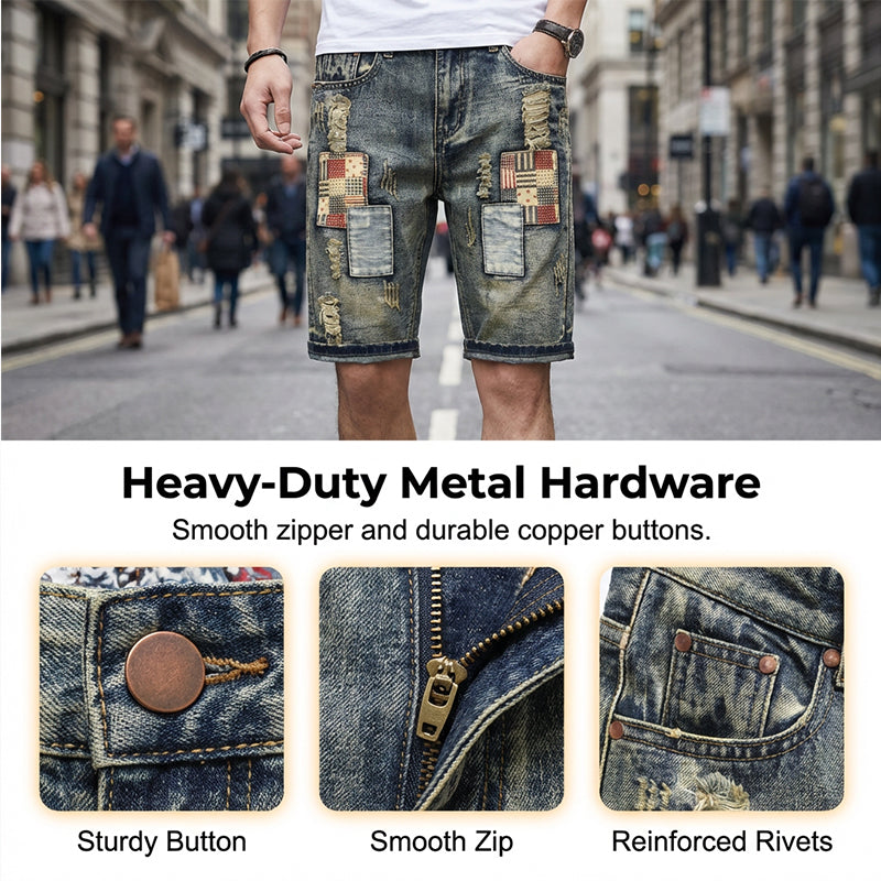 🔥 Short en jean déchiré pour homme – Motif patchwork pour un look urbain tendance 👖✨