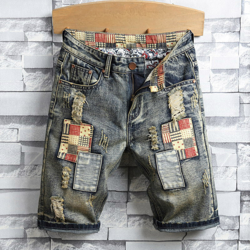 🔥 Short en jean déchiré pour homme – Motif patchwork pour un look urbain tendance 👖✨
