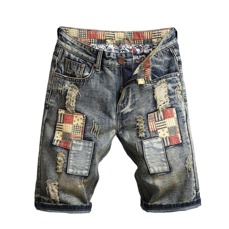🔥 Short en jean déchiré pour homme – Motif patchwork pour un look urbain tendance 👖✨