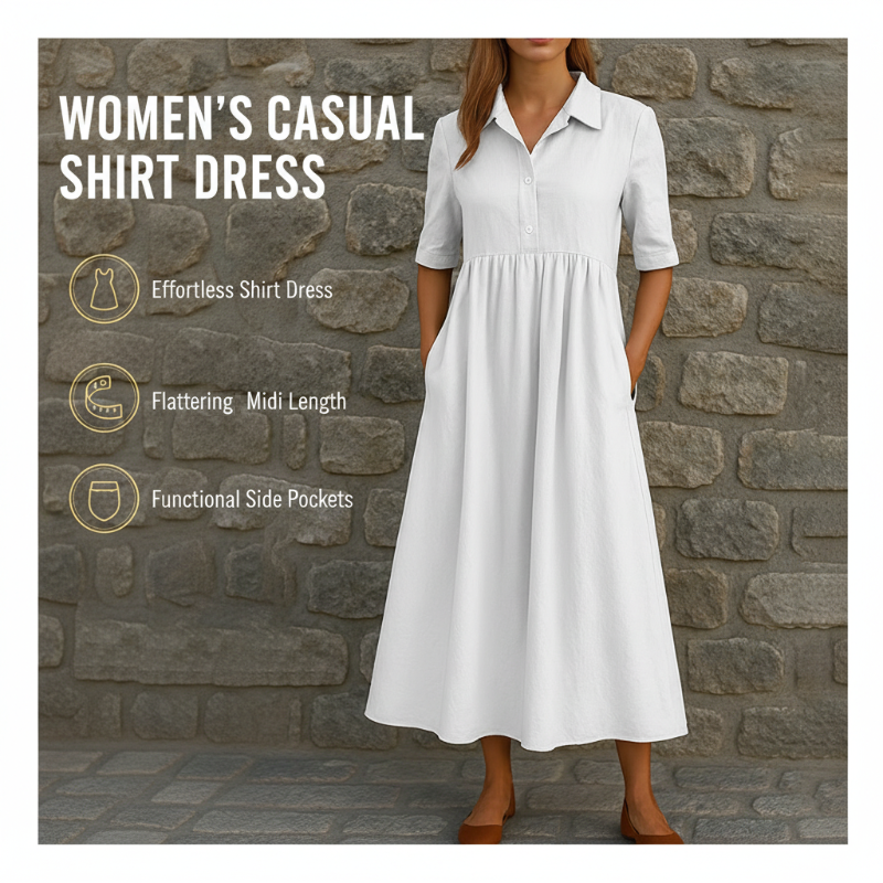 Robe chemise mi-longue décontractée à taille haute pour femme