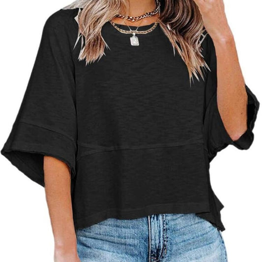 🌸 PROMO LIMITÉE 50% DE RÉDUCTION ! 👕 T-shirt à Manches Évasées Cinq Points – Coupe Détendue, Patchwork, Uni 🍂