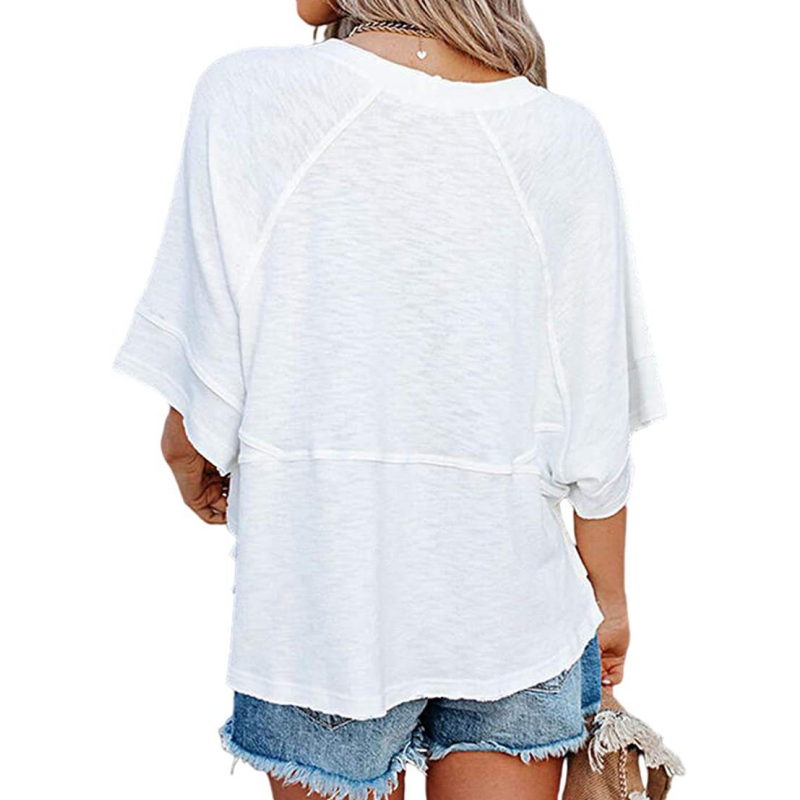 🌸 PROMO LIMITÉE 50% DE RÉDUCTION ! 👕 T-shirt à Manches Évasées Cinq Points – Coupe Détendue, Patchwork, Uni 🍂