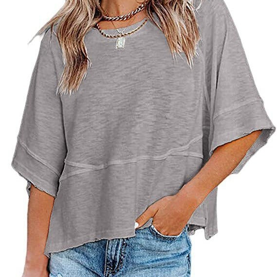 🌸 PROMO LIMITÉE 50% DE RÉDUCTION ! 👕 T-shirt à Manches Évasées Cinq Points – Coupe Détendue, Patchwork, Uni 🍂