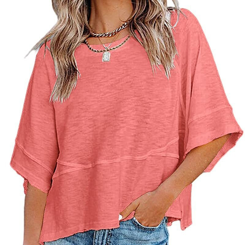 🌸 PROMO LIMITÉE 50% DE RÉDUCTION ! 👕 T-shirt à Manches Évasées Cinq Points – Coupe Détendue, Patchwork, Uni 🍂