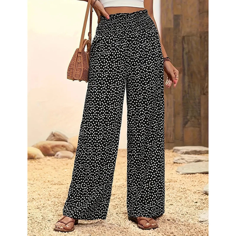 👖⏰ 50% DE RÉDUCTION ! Pantalon Taille Haute à Jambes Larges & Imprimé Chic – Coupe Fluide, Élastique & Polyvalent pour Femme 🌸