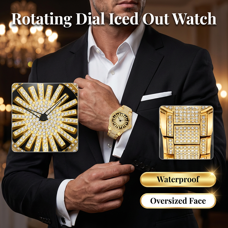 ⌚💎✨ PROMO -50% ! Montre Homme Cadran Rotatif Serti de Diamants – Lunette Tournante, Mouvement Quartz & Design Luxueux (Or/Argent)