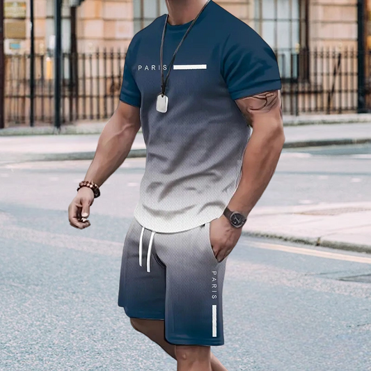 🔥VENTE CHAUDE🔥Ensemble T-shirt à dégradé de couleurs et short pour homme – Confort décontracté au quotidien