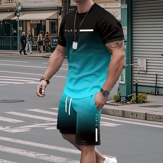 🔥VENTE CHAUDE🔥Ensemble T-shirt à dégradé de couleurs et short pour homme – Confort décontracté au quotidien