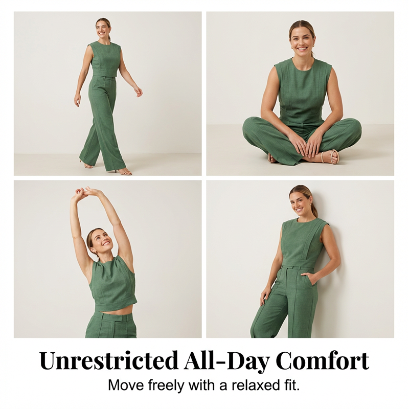 Ensemble composé d'un crop-top chic sans manches et d'un pantalon taille haute