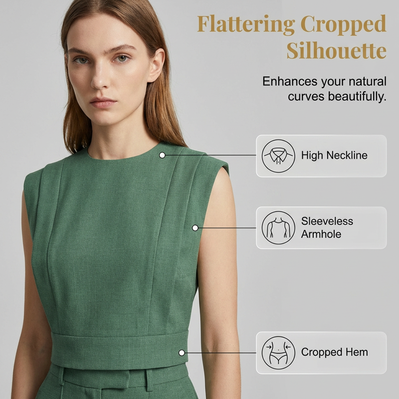 Ensemble composé d'un crop-top chic sans manches et d'un pantalon taille haute