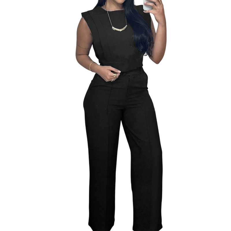 Ensemble composé d'un crop-top chic sans manches et d'un pantalon taille haute