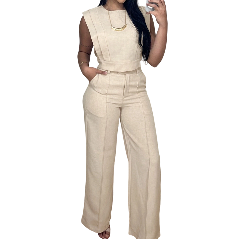Ensemble composé d'un crop-top chic sans manches et d'un pantalon taille haute
