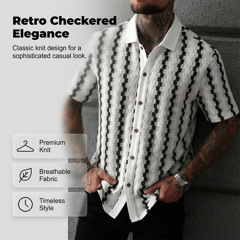 Chemise rétro à manches courtes et motif géométrique tricoté pour homme ✨