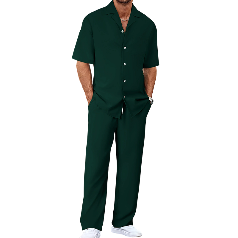 👔 50% DE RÉDUCTION ✨ Ensemble décontracté homme – Chemise col cubain & pantalon ample – Tissu léger, coupe fluide, parfait pour les vacances ou les journées chaudes 🌴