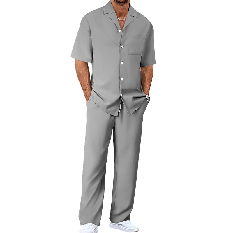 👔 50% DE RÉDUCTION ✨ Ensemble décontracté homme – Chemise col cubain & pantalon ample – Tissu léger, coupe fluide, parfait pour les vacances ou les journées chaudes 🌴