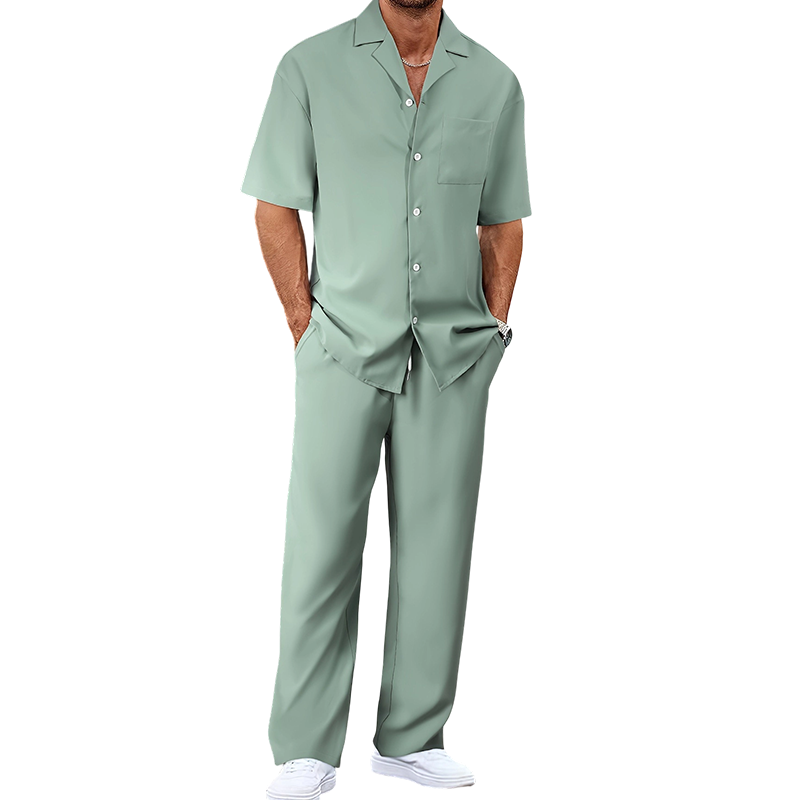 👔 50% DE RÉDUCTION ✨ Ensemble décontracté homme – Chemise col cubain & pantalon ample – Tissu léger, coupe fluide, parfait pour les vacances ou les journées chaudes 🌴