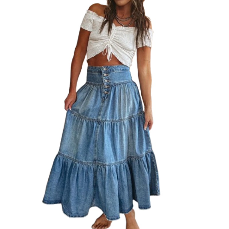 💙👗🌿 PROMO -50% ! Jupe Maxi en Denim Évasée à Taille Haute pour Femme – Coupe A-Line, Boutonnée, Bleu Denim (S-XL)