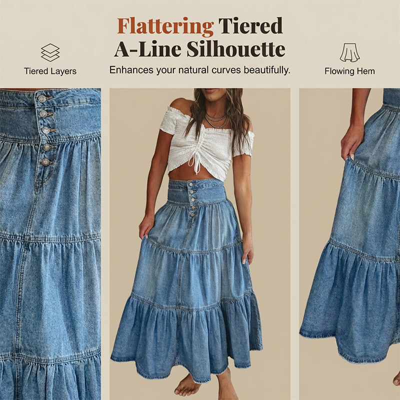 💙👗🌿 PROMO -50% ! Jupe Maxi en Denim Évasée à Taille Haute pour Femme – Coupe A-Line, Boutonnée, Bleu Denim (S-XL)