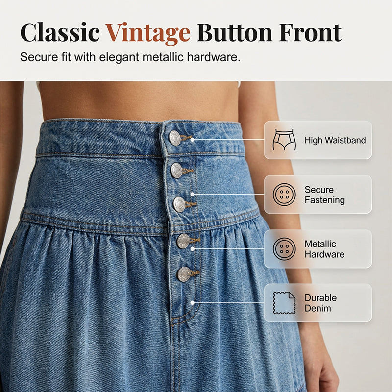 💙👗🌿 PROMO -50% ! Jupe Maxi en Denim Évasée à Taille Haute pour Femme – Coupe A-Line, Boutonnée, Bleu Denim (S-XL)