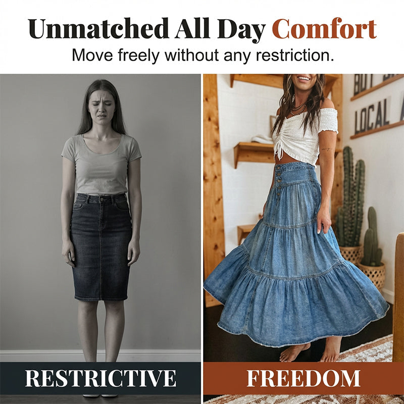 💙👗🌿 PROMO -50% ! Jupe Maxi en Denim Évasée à Taille Haute pour Femme – Coupe A-Line, Boutonnée, Bleu Denim (S-XL)