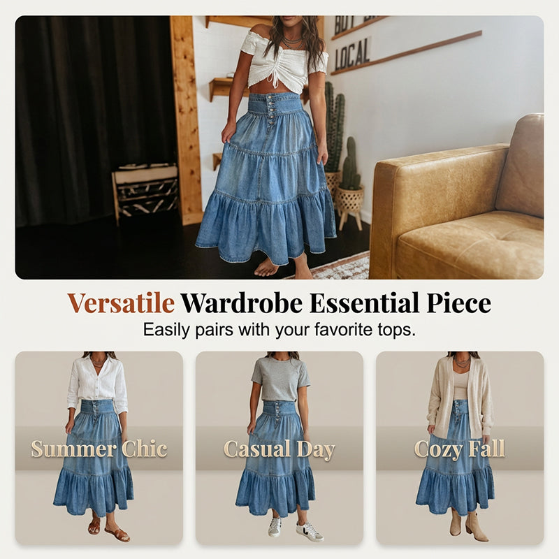 💙👗🌿 PROMO -50% ! Jupe Maxi en Denim Évasée à Taille Haute pour Femme – Coupe A-Line, Boutonnée, Bleu Denim (S-XL)
