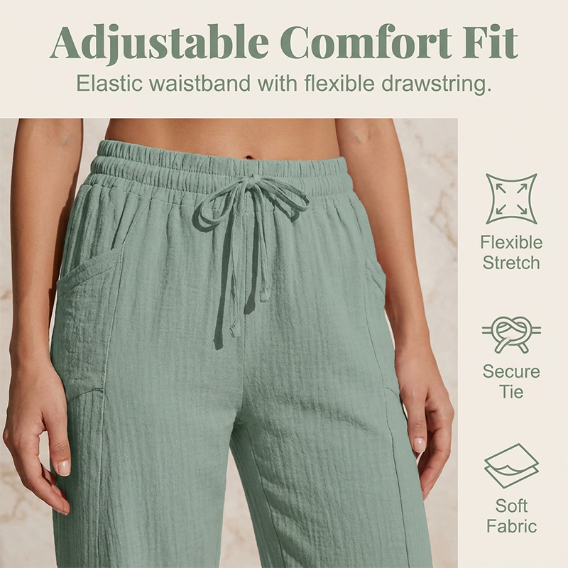 Pantalon court plissé en coton et lin unie pour femme
