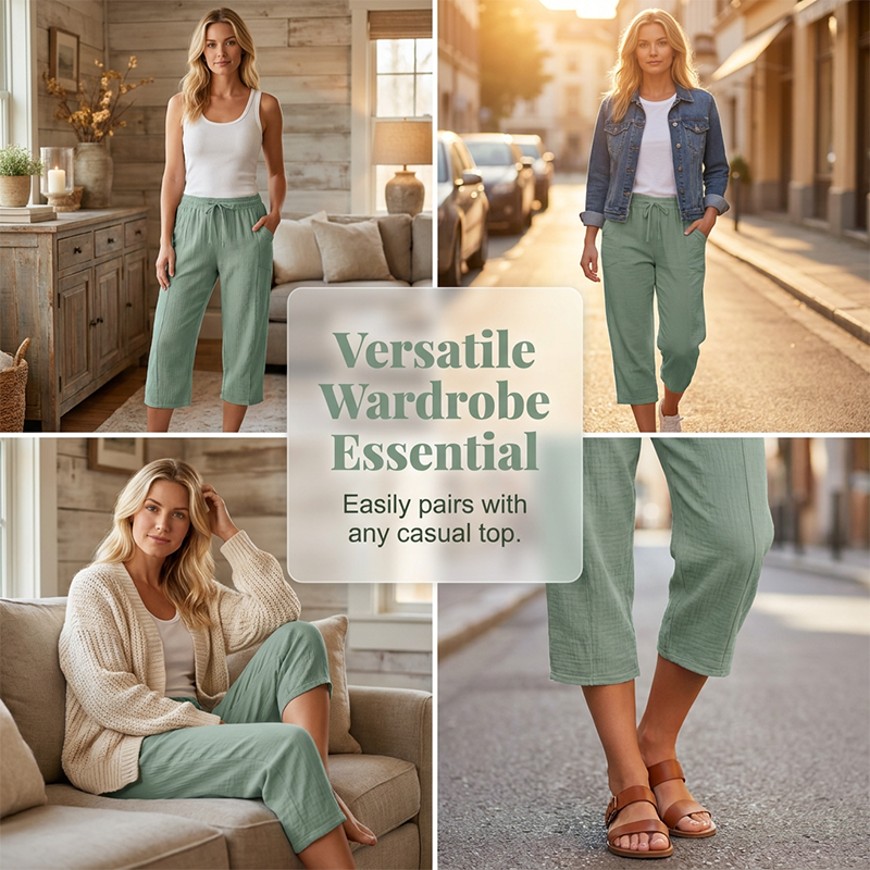 Pantalon court plissé en coton et lin unie pour femme