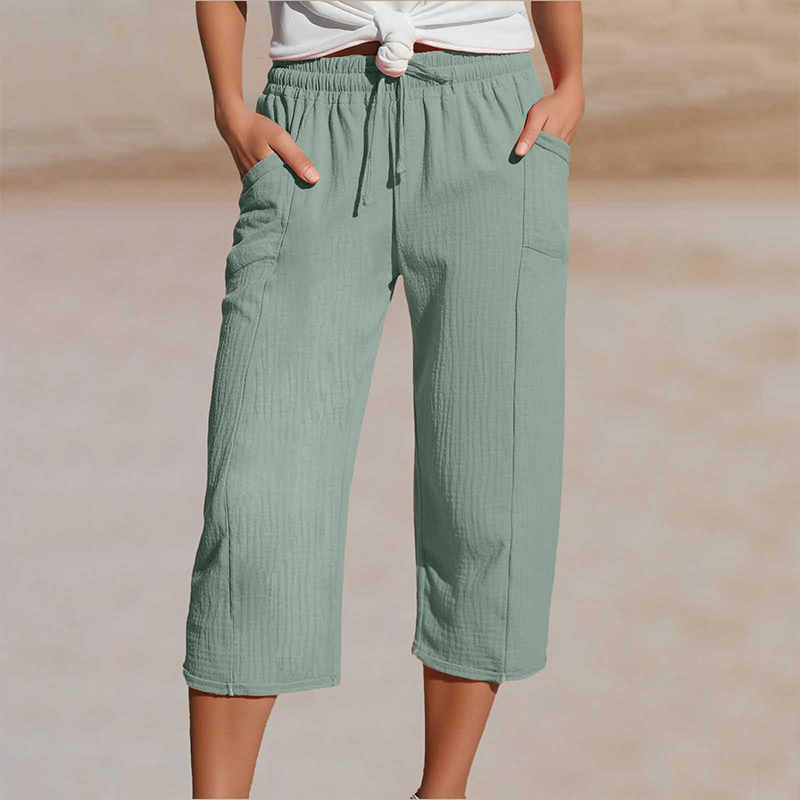 Pantalon court plissé en coton et lin unie pour femme