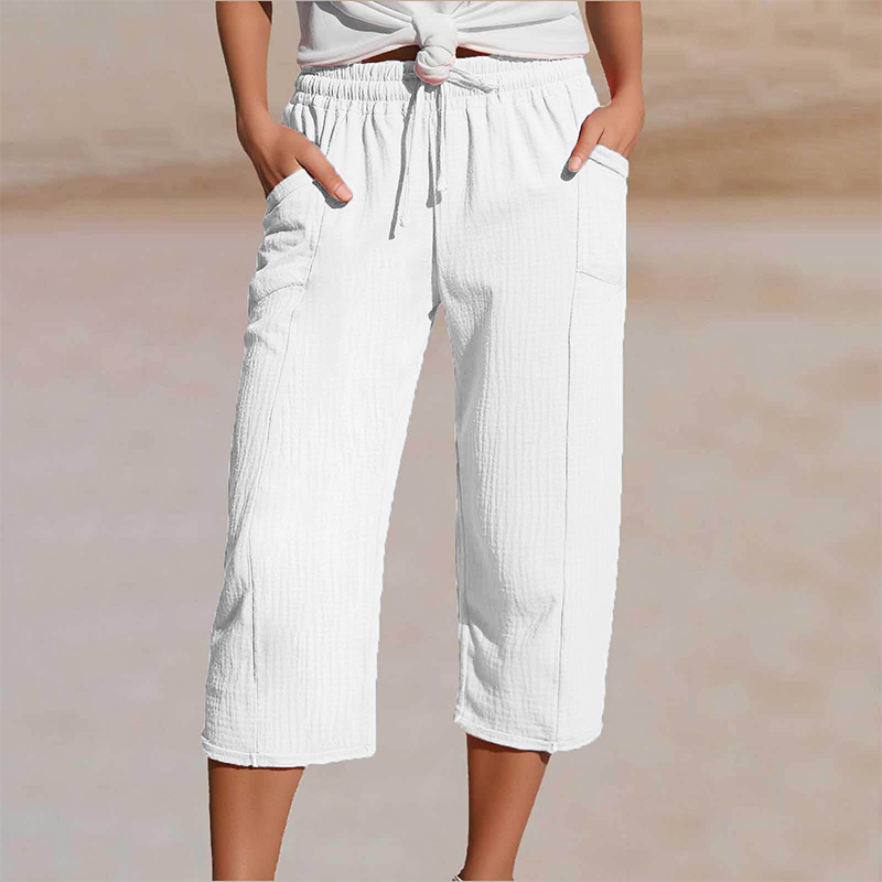 Pantalon court plissé en coton et lin unie pour femme