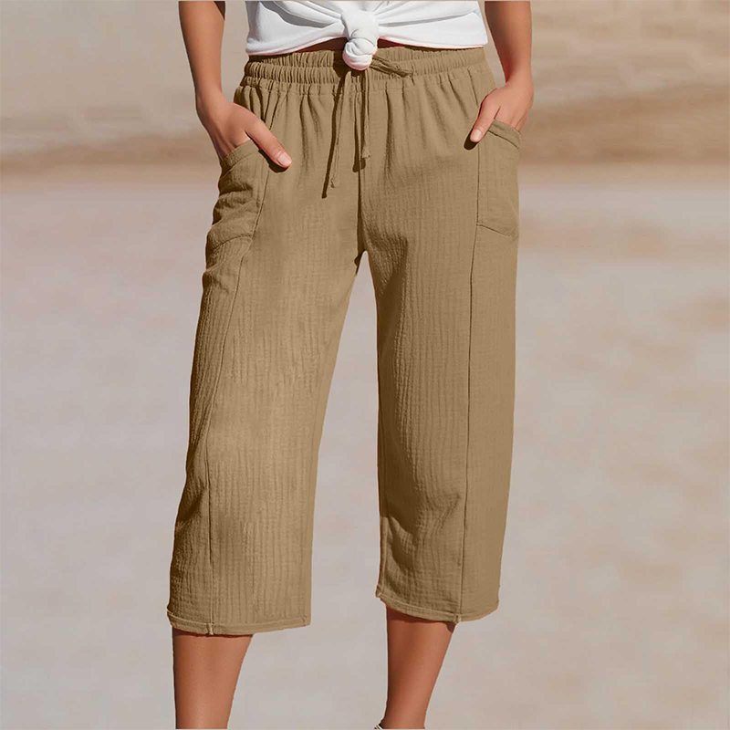 Pantalon court plissé en coton et lin unie pour femme