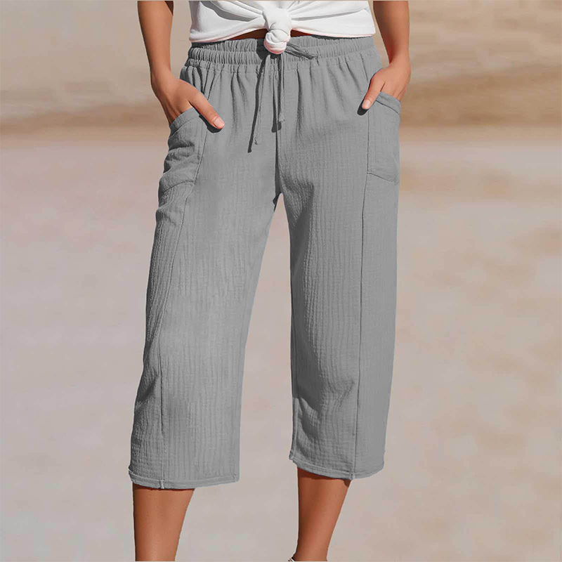 Pantalon court plissé en coton et lin unie pour femme