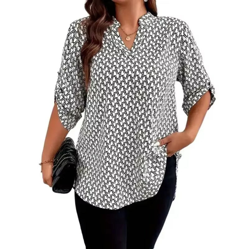 📢📢50 % DE RÉDUCTION !! ⏰Blouse à col en V à imprimé géométrique pour femme