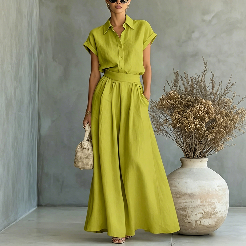 Ensemble élégant deux pièces chemise et pantalon large