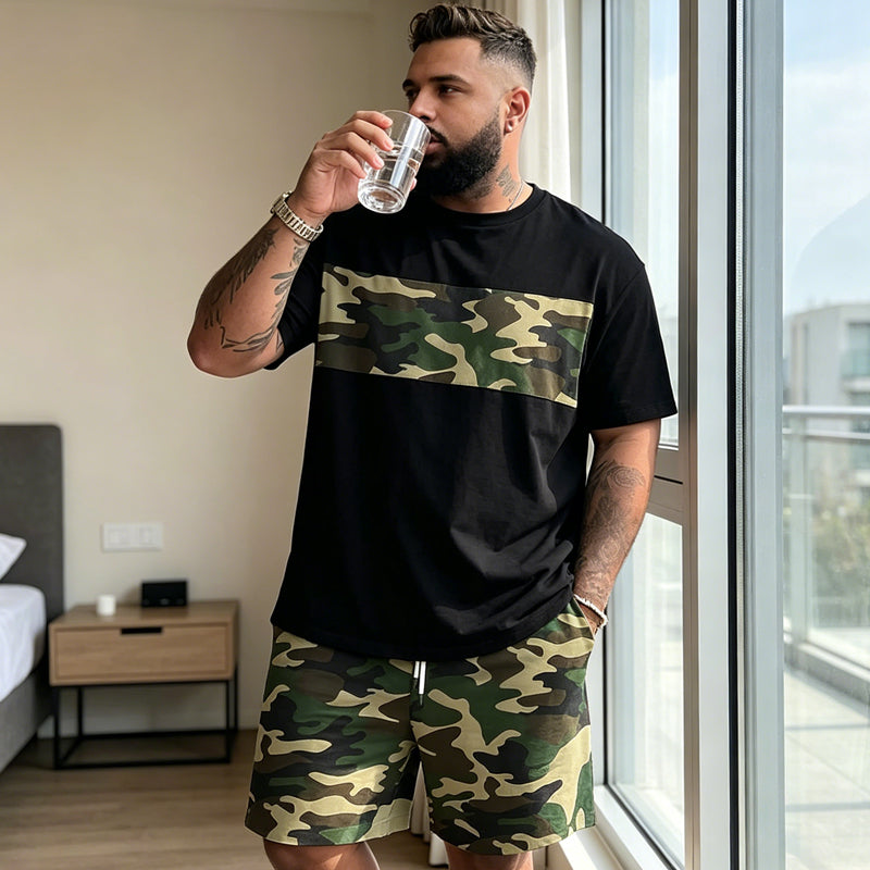👕 50% DE RÉDUCTION ! 🌿 Ensemble T-shirt & Short imprimé camouflage pour hommes – Tissu en coton mélangé, coupe confortable et parfait pour l’extérieur, le sport ou les journées d’été décontractées 🩳