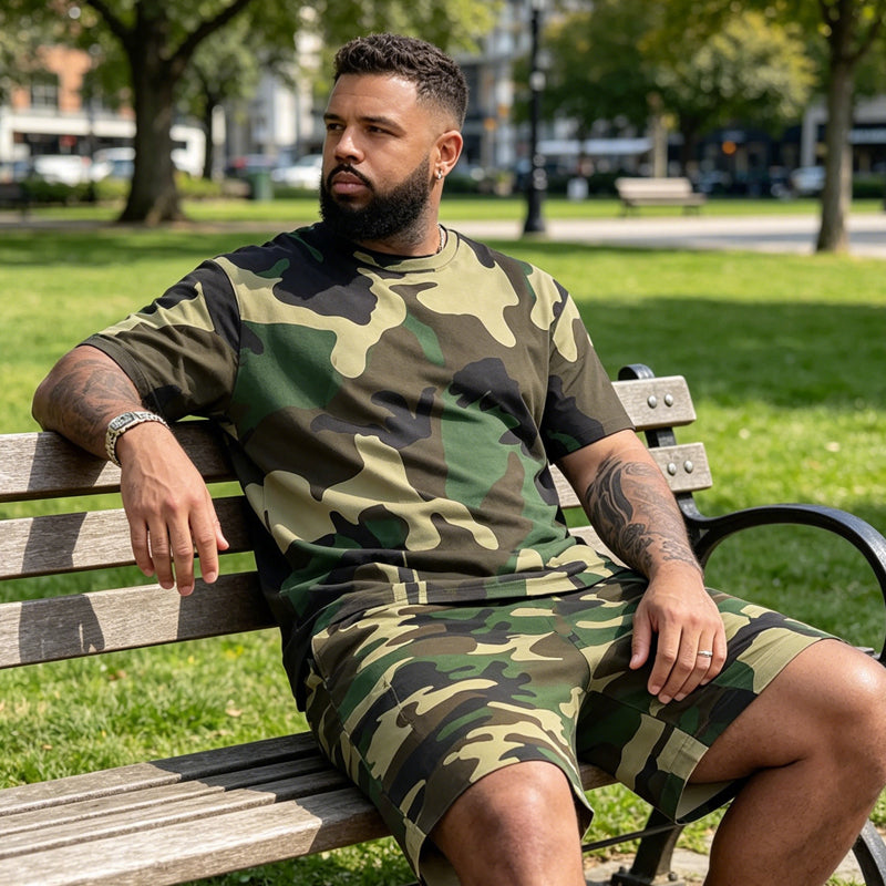 👕 50% DE RÉDUCTION ! 🌿 Ensemble T-shirt & Short imprimé camouflage pour hommes – Tissu en coton mélangé, coupe confortable et parfait pour l’extérieur, le sport ou les journées d’été décontractées 🩳